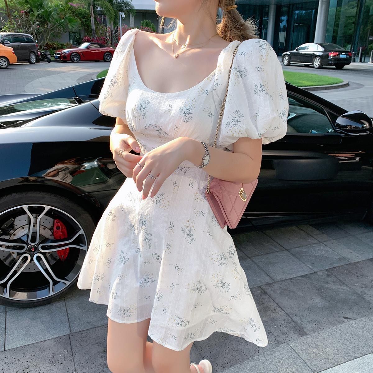 Summer Elegant Dress Women Puff Sleeve French Floral Print Mini Dress Kawaii Mini Dress Women