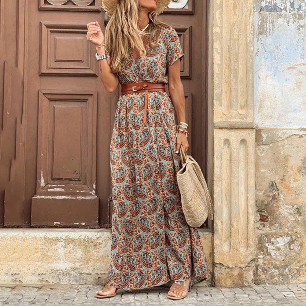 Boho Women V Neck Short Sleeve Paisley Print Belt Large Hem Long Dress with a fashionable waistline, V-neck split, and short sleeves.