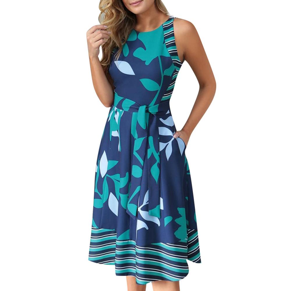 NEDEINS Women Printed Dress features an O-Neck and Sleeveless design, as well as an A-Line silhouette and Boho Sashes.