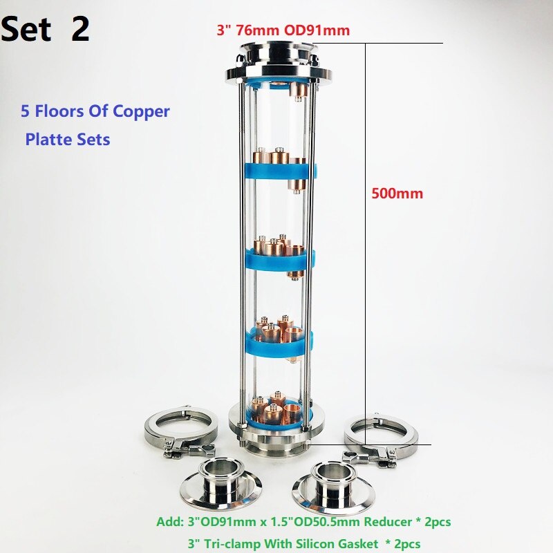 5 Floors 3" Distillation Lens Column With Copper Platte Sets,Tri-Clamp Sight Glass Union Stainless Steel 304