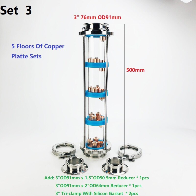 5 Floors 3" Distillation Lens Column With Copper Platte Sets,Tri-Clamp Sight Glass Union Stainless Steel 304