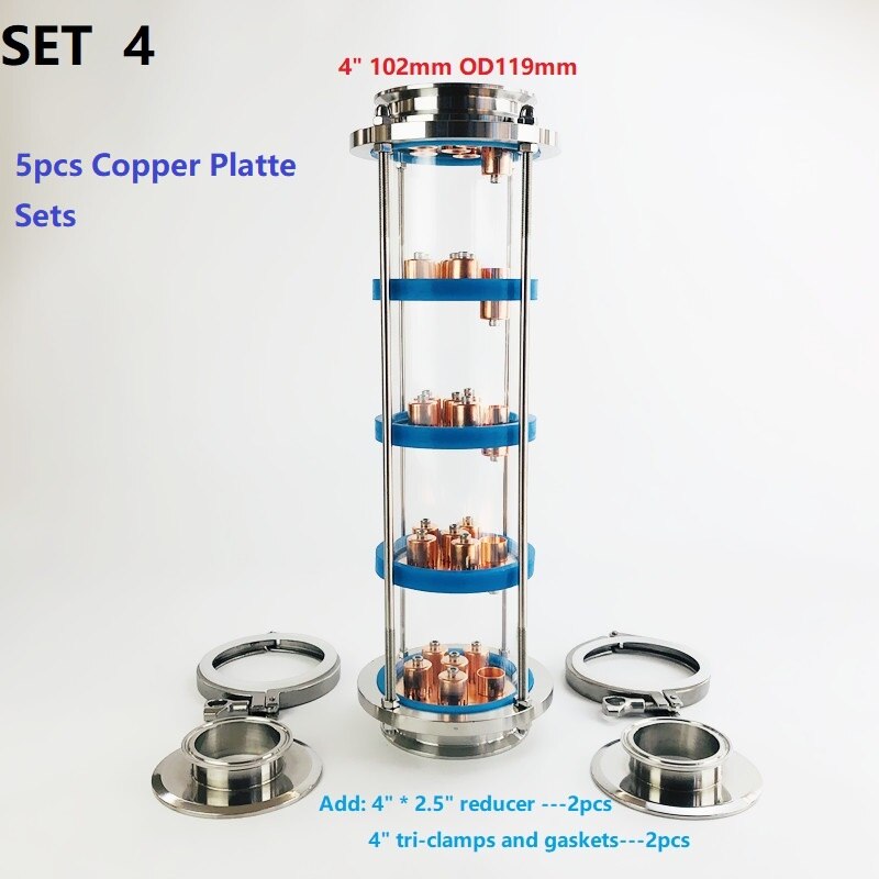 New 4" Distillation Lens Column With 5pcs Copper Platte Sets,Tri-Clamp Sight Glass Union Stainless Steel 304