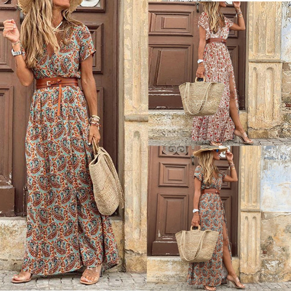 Boho Women V Neck Short Sleeve Paisley Print Belt Large Hem Long Dress with a fashionable waistline, V-neck split, and short sleeves.