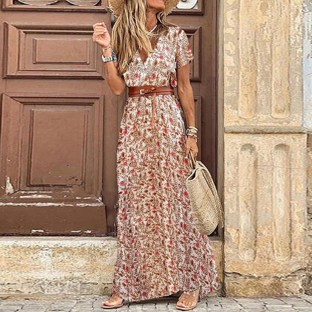 Boho Women V Neck Short Sleeve Paisley Print Belt Large Hem Long Dress with a fashionable waistline, V-neck split, and short sleeves.