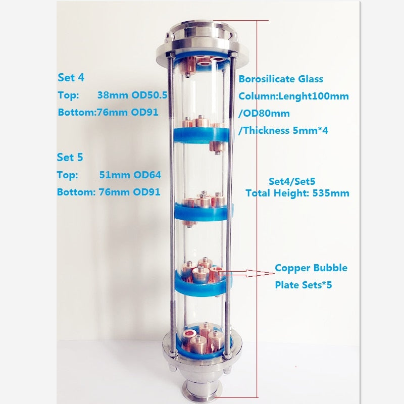 New Type 3" Distillation Lens Column With 5pcs Copper Bubble Plate Sets,Tri-Clamp Sight Glass Union Stainless Steel 304