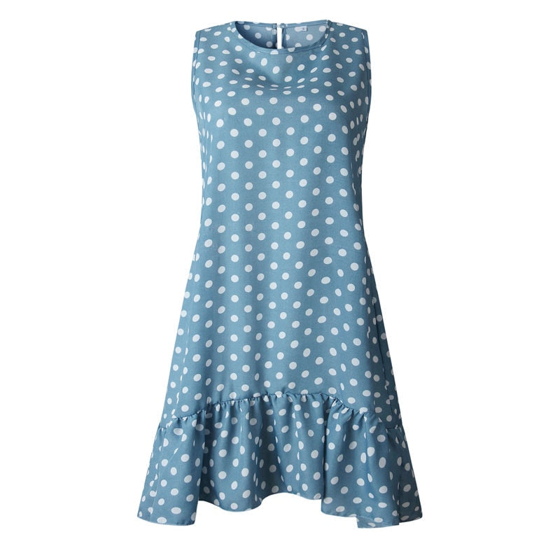 Women's Dress Features Ruffles Polka Dot pattern, Sleeveless silhouette & Regular sleeve style