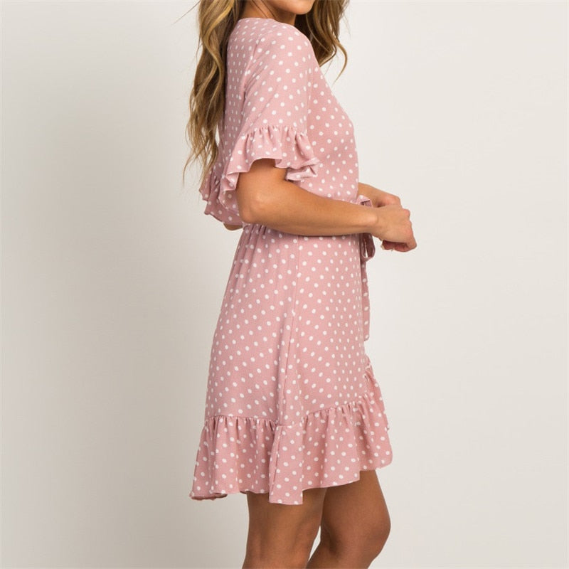 BoHo Style Dress - Short Sleeve V-neck Polka Dot A-line Vestidos - Empire Waistline, Fabric: Chiffon