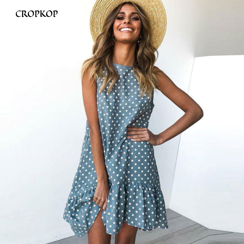 Women's Dress Features Ruffles Polka Dot pattern, Sleeveless silhouette & Regular sleeve style