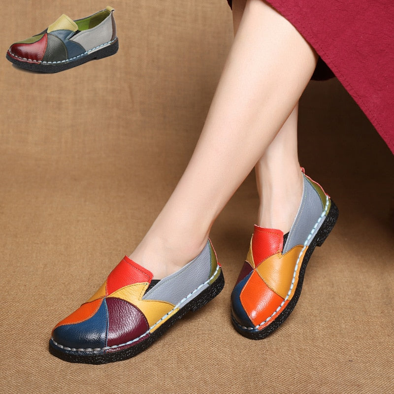 Women's Shoes Flats Genuine Leather Loafers Moccasins Mixed Colorful Slip on