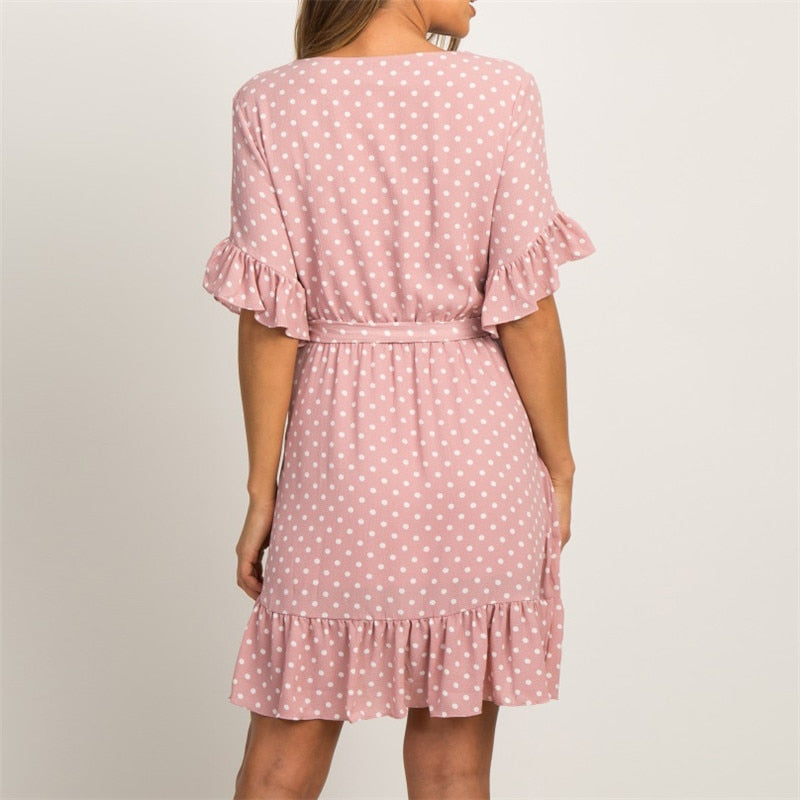 BoHo Style Dress - Short Sleeve V-neck Polka Dot A-line Vestidos - Empire Waistline, Fabric: Chiffon