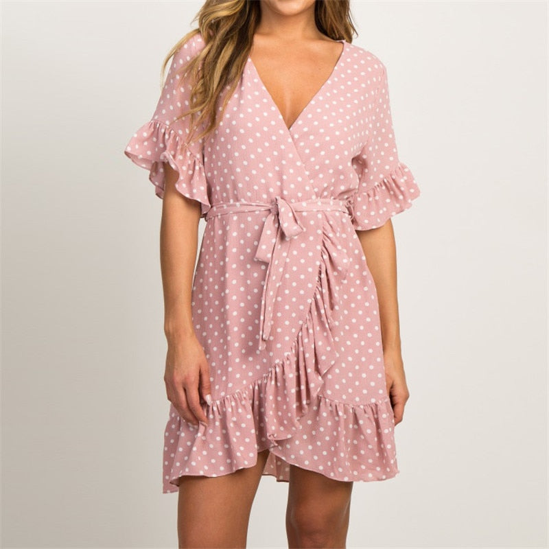 BoHo Style Dress - Short Sleeve V-neck Polka Dot A-line Vestidos - Empire Waistline, Fabric: Chiffon