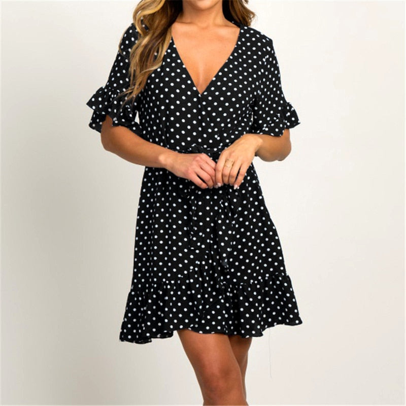 BoHo Style Dress - Short Sleeve V-neck Polka Dot A-line Vestidos - Empire Waistline, Fabric: Chiffon