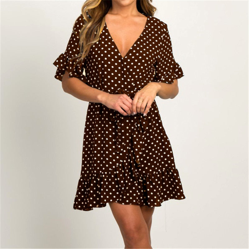 Aachoae Boho Style Dress with a fashion-forward short sleeve V-neck, adorned with stylish polka dot A-line pattern