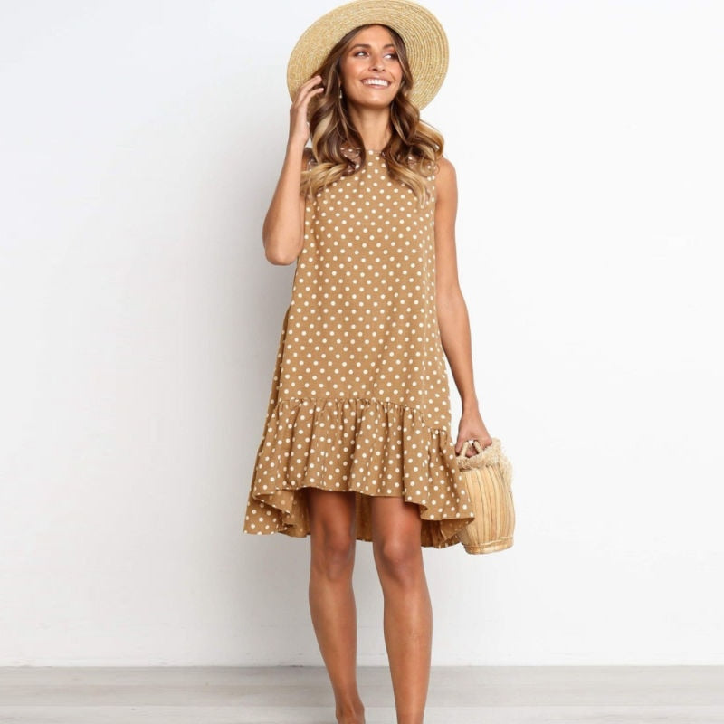 Women's Dress Features Ruffles Polka Dot pattern, Sleeveless silhouette & Regular sleeve style