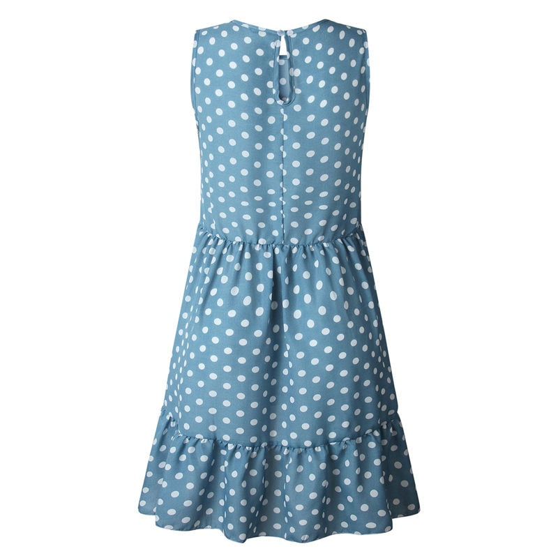 Women's Dress Features Ruffles Polka Dot pattern, Sleeveless silhouette & Regular sleeve style