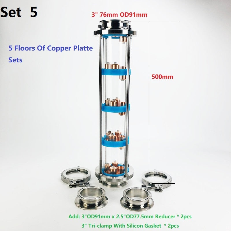 5 Floors 3" Distillation Lens Column With Copper Platte Sets,Tri-Clamp Sight Glass Union Stainless Steel 304