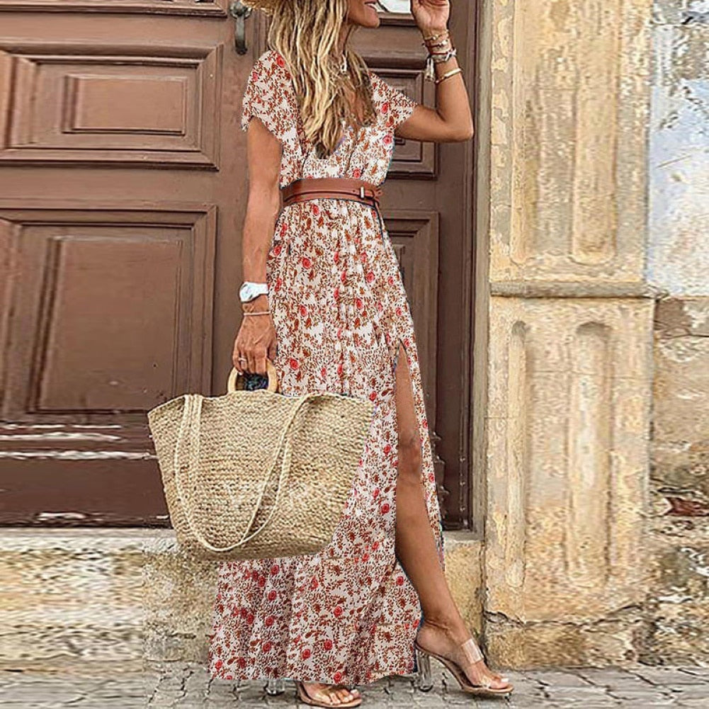 Boho Women V Neck Short Sleeve Paisley Print Belt Large Hem Long Dress with a fashionable waistline, V-neck split, and short sleeves.