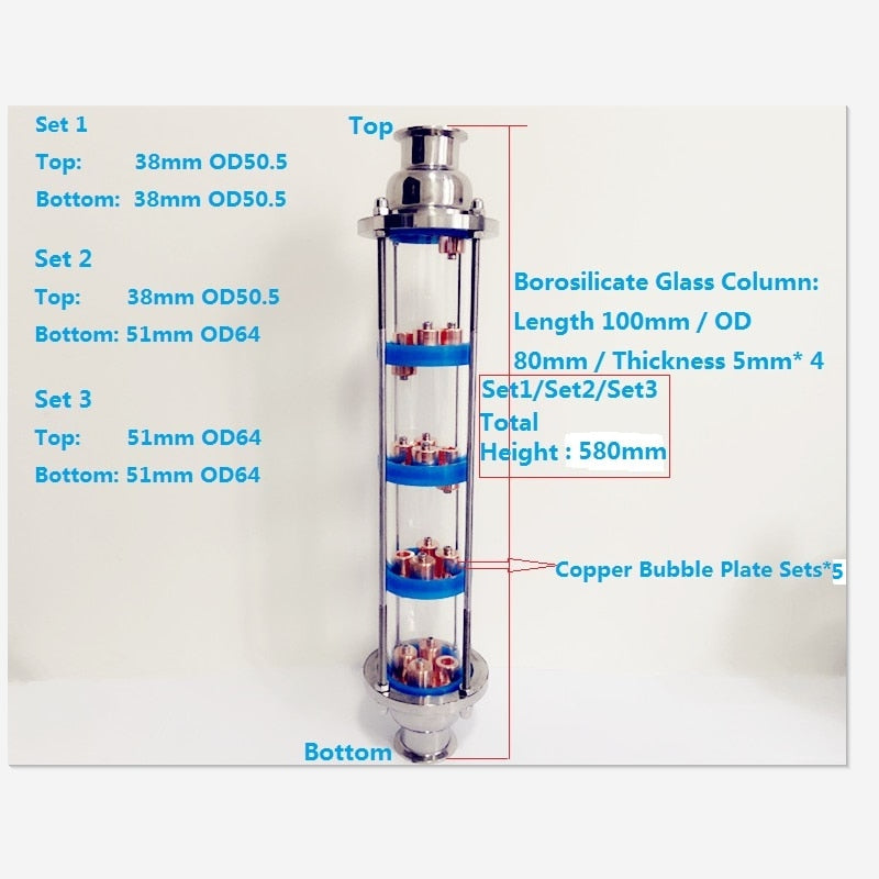 New Type 3" Distillation Lens Column With 5pcs Copper Bubble Plate Sets,Tri-Clamp Sight Glass Union Stainless Steel 304