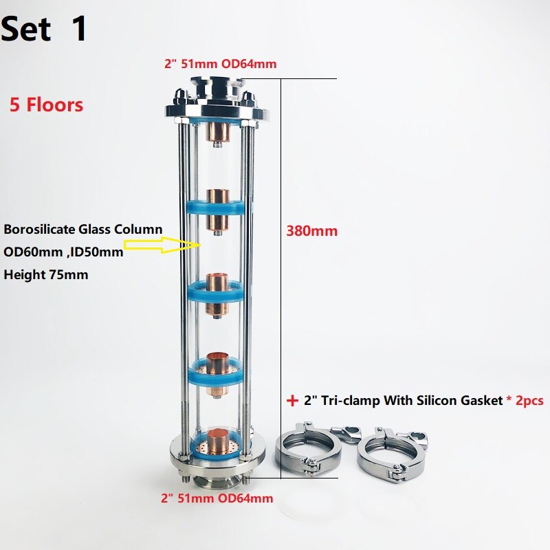 5 Floors 2" Distillation Lens Column With Copper Bubble Platte Sets,Tri-Clamp Sight Glass Union, Stainless Steel 304