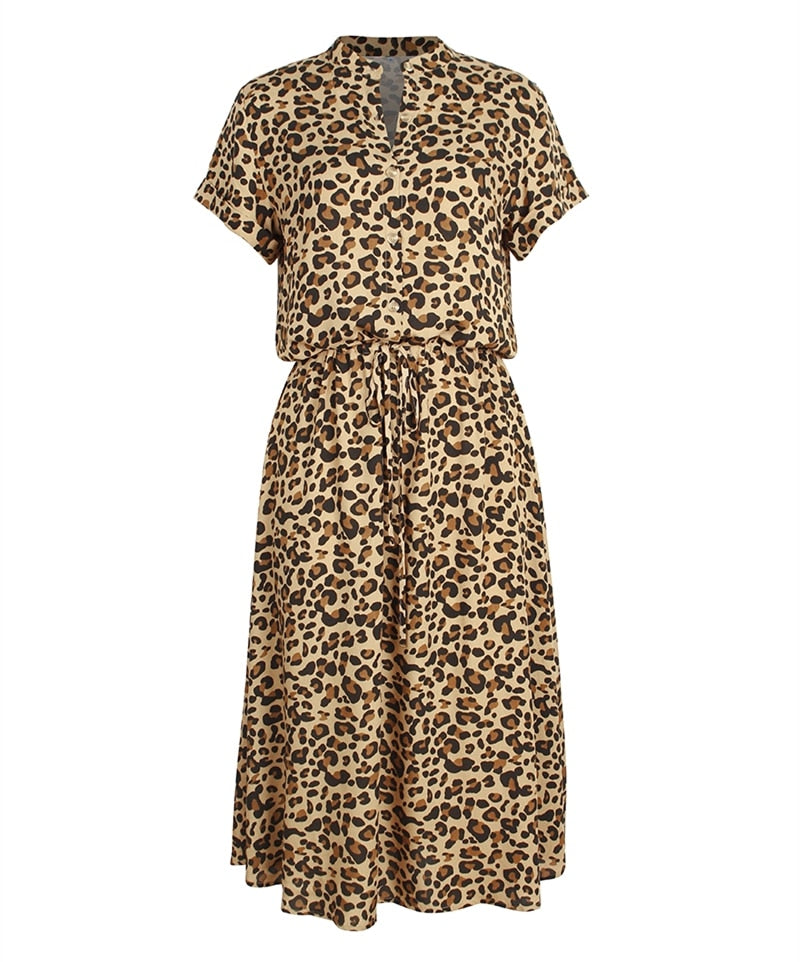 Bohemian Leopard Print Shirt Dress; Casual Midi Holiday Dress; Female A-Line Loose Women Beach Dress