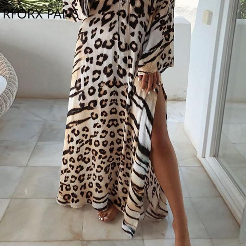 Dress Cheetah Print Lace-up Maxi Dress features a high slit, empire waistline, and V-neck neckline.