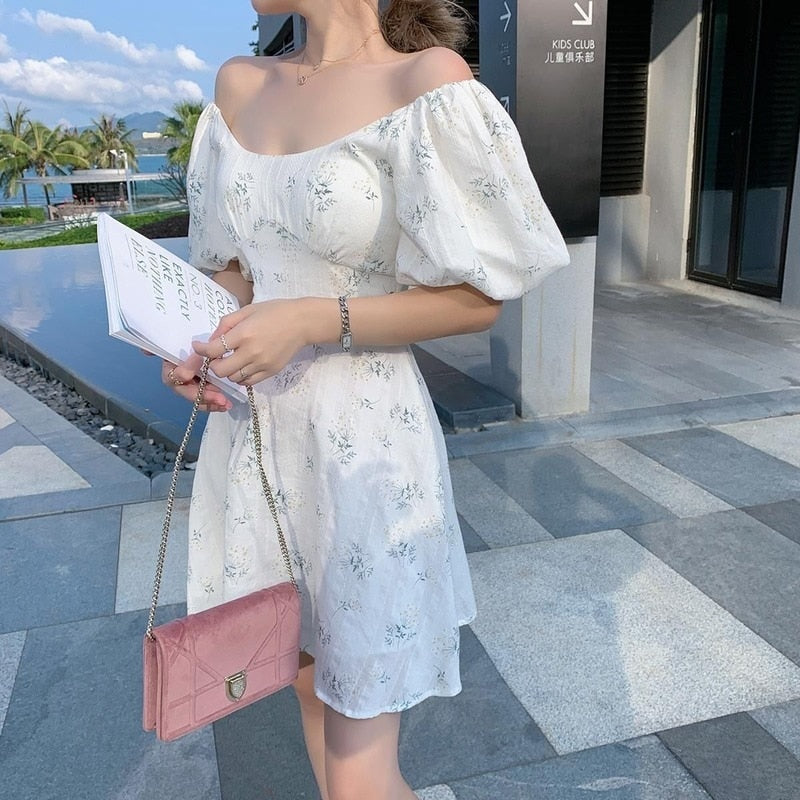 Elegant Dress Women Puff Sleeve French Floral Print Mini Dress Office