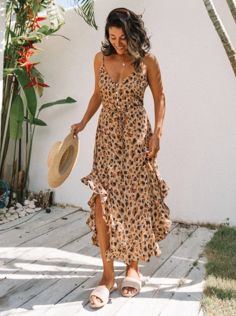 This Summer Beach Dress for Women features a Casual Cover Up Swimsuit in a Two-Piece Dress Robe-style Bikini Dress with a Chiffon Leopard Cover-up.