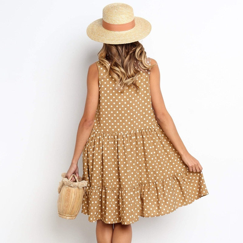 Dress features a fashion Polka Dot print, Sleeveless cut, Casual style, and a Loose fit.