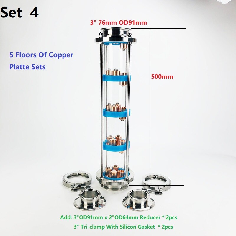 5 Floors 3" Distillation Lens Column With Copper Platte Sets,Tri-Clamp Sight Glass Union Stainless Steel 304