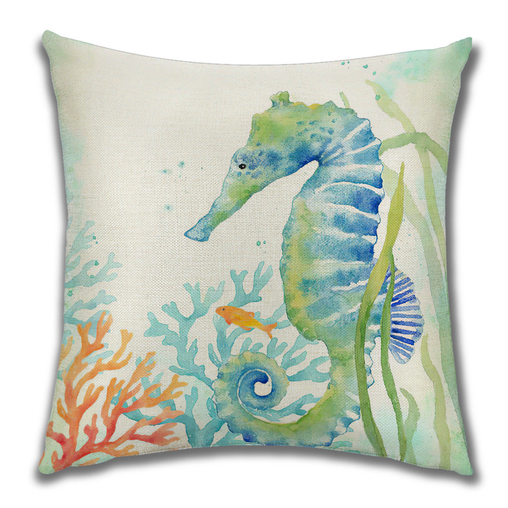 Watercolor Seahorse Mediterranean Sea Animal Linen Pillow Cover