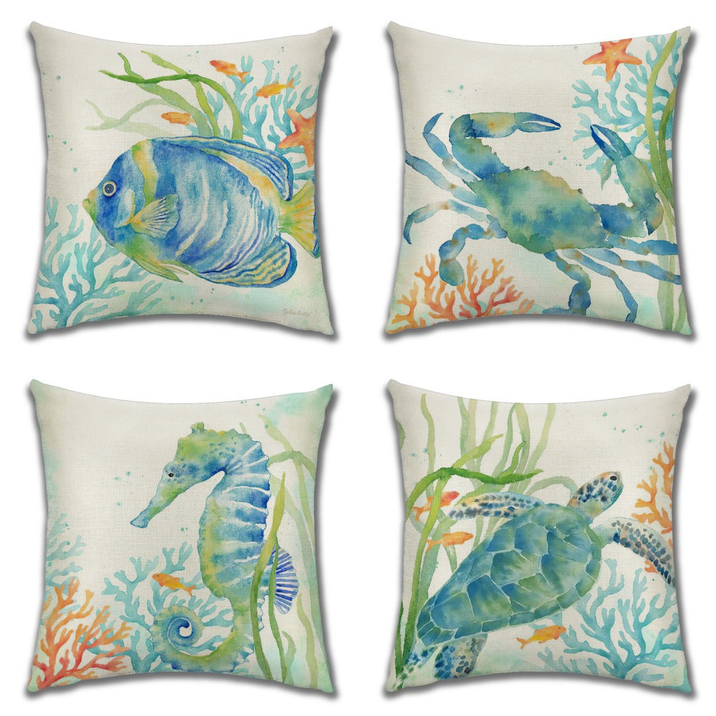 Watercolor Seahorse Mediterranean Sea Animal Linen Pillow Cover