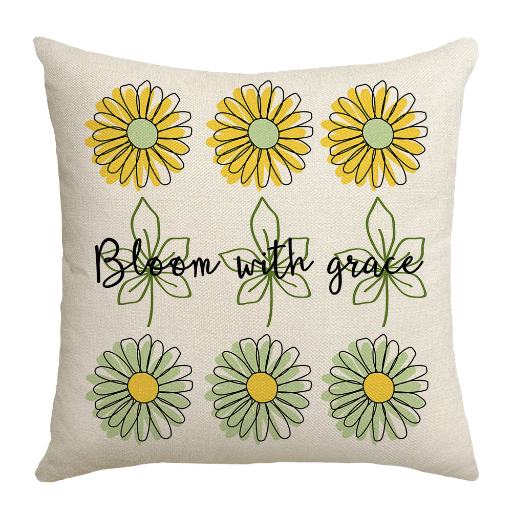 Summer Chrysanthemum Pillow Cover - Green Plant Flower Linen