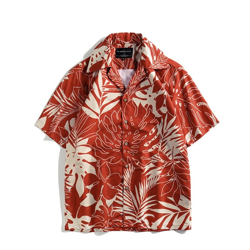 Men's and Womens' Red Large Flower Casual 70S Short-Sleeved Shirt