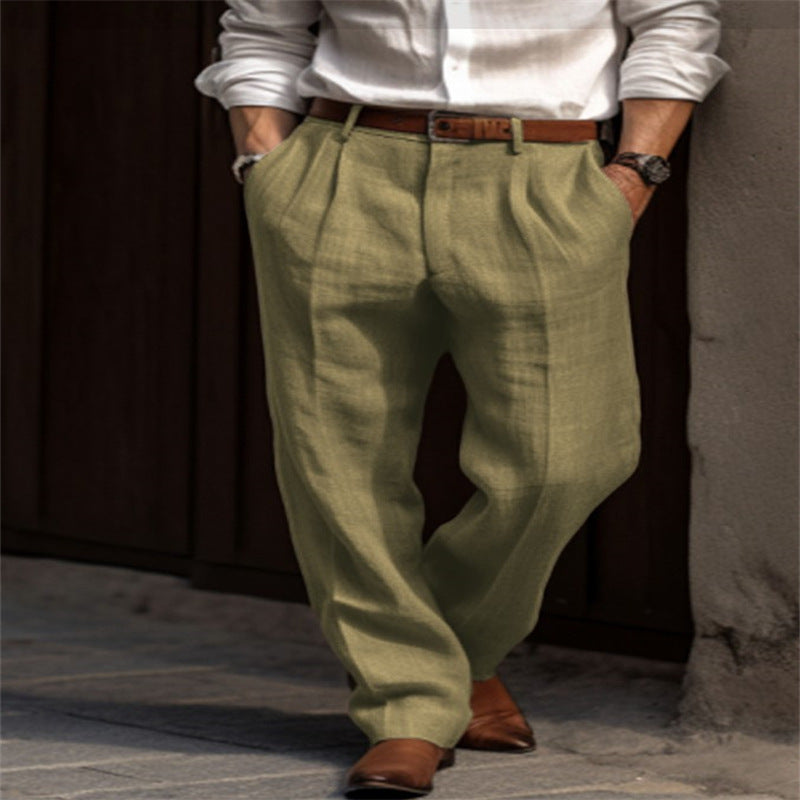 Men's Linen Trousers Double Pleated Front Pocket Straight Pure Color Comfort Breathable Casual