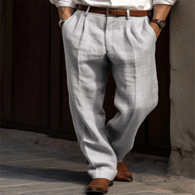 Men's Linen Trousers Double Pleated Front Pocket Straight Pure Color Comfort Breathable Casual