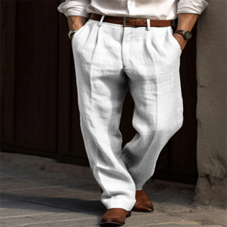 Men's Linen Trousers Double Pleated Front Pocket Straight Pure Color Comfort Breathable Casual