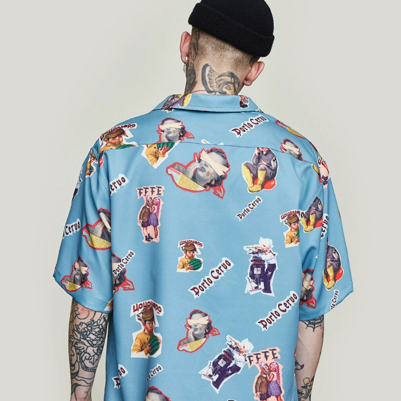 80S Daily Break Retro Lapels Printed Shirt Short Sleeve