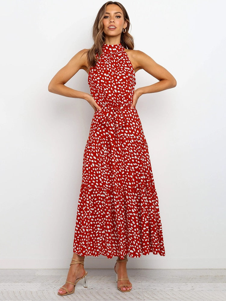 Aachoae Boho Style Dress features a fashion-forward sleeveless dress adorned with a stylish polka dot A-line pattern