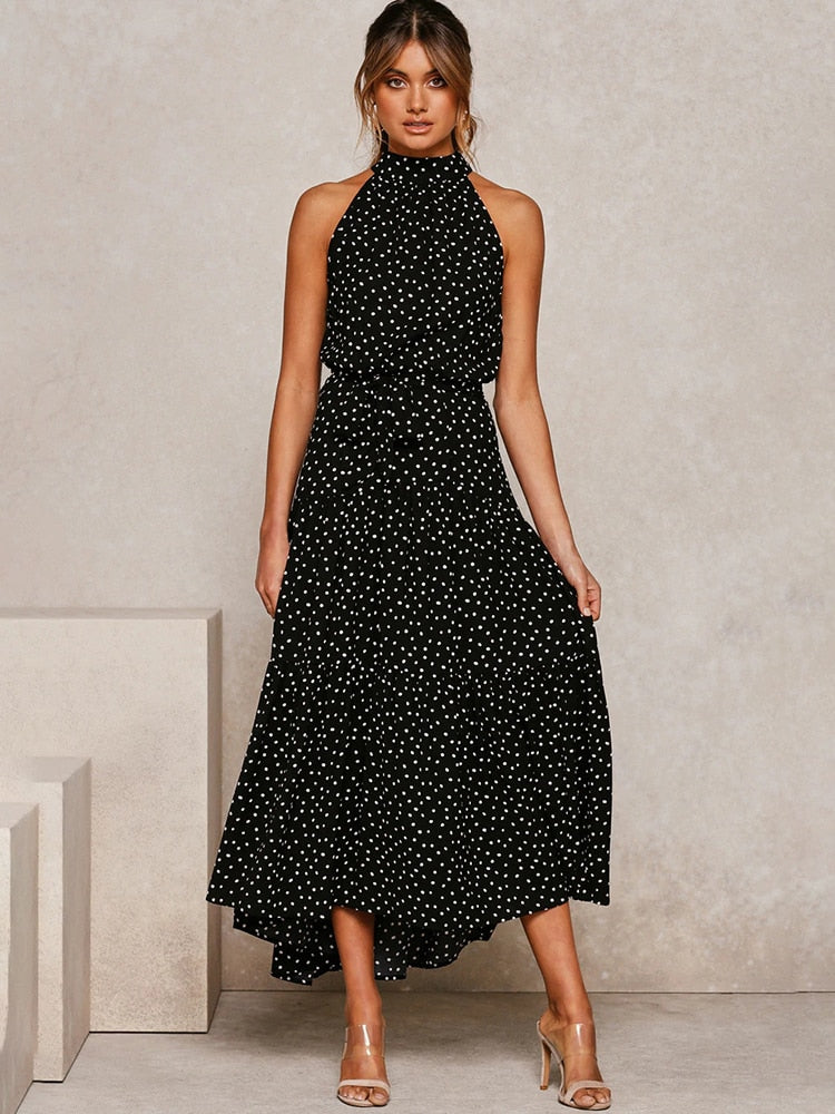 Aachoae Boho Style Dress features a fashion-forward sleeveless dress adorned with a stylish polka dot A-line pattern