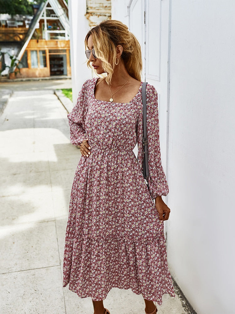 Women's Long Dress for Autumn & Winter featuring Long Sleeve, Elegant Floral print with Square Collar.