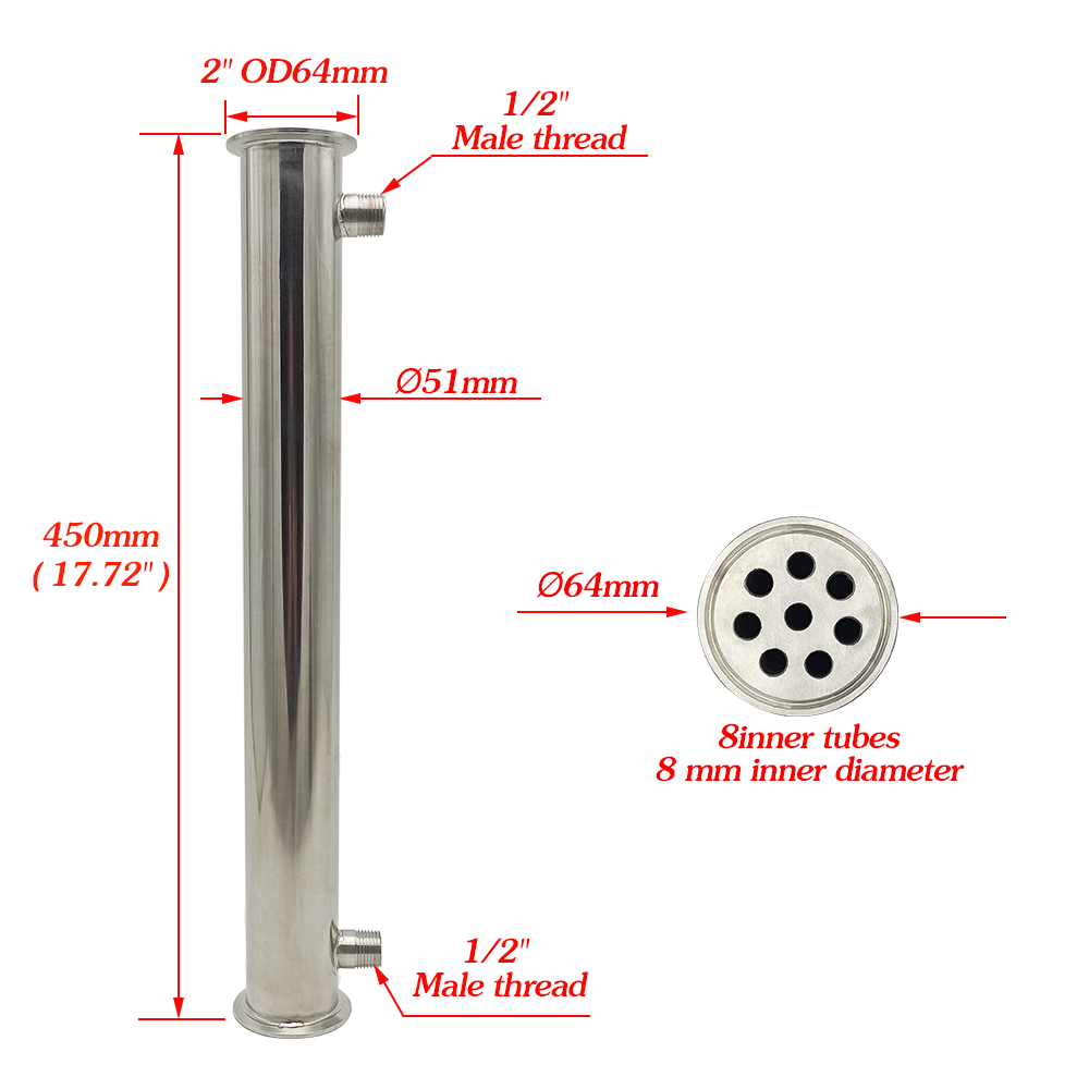 2" Shotgun Condenser, Distiller, Dephlegmator, Cooler, Split Reflux, Length 450mm, for Moonshine Alcohol Distillation Columns