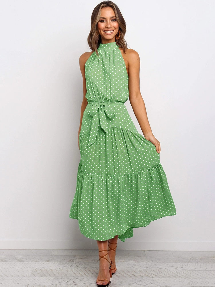 Aachoae Boho Style Dress features a fashion-forward sleeveless dress adorned with a stylish polka dot A-line pattern