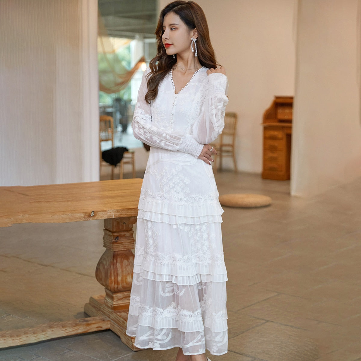 Jastie French Dress, Cotton Embroidery, V-neck, Elegant Ladies Dress, Ruffle Hem, Chic Dress, Retro Luxury Brand Dress, Empire Waistline, Regular Type, Flared Sleeve Half-Length