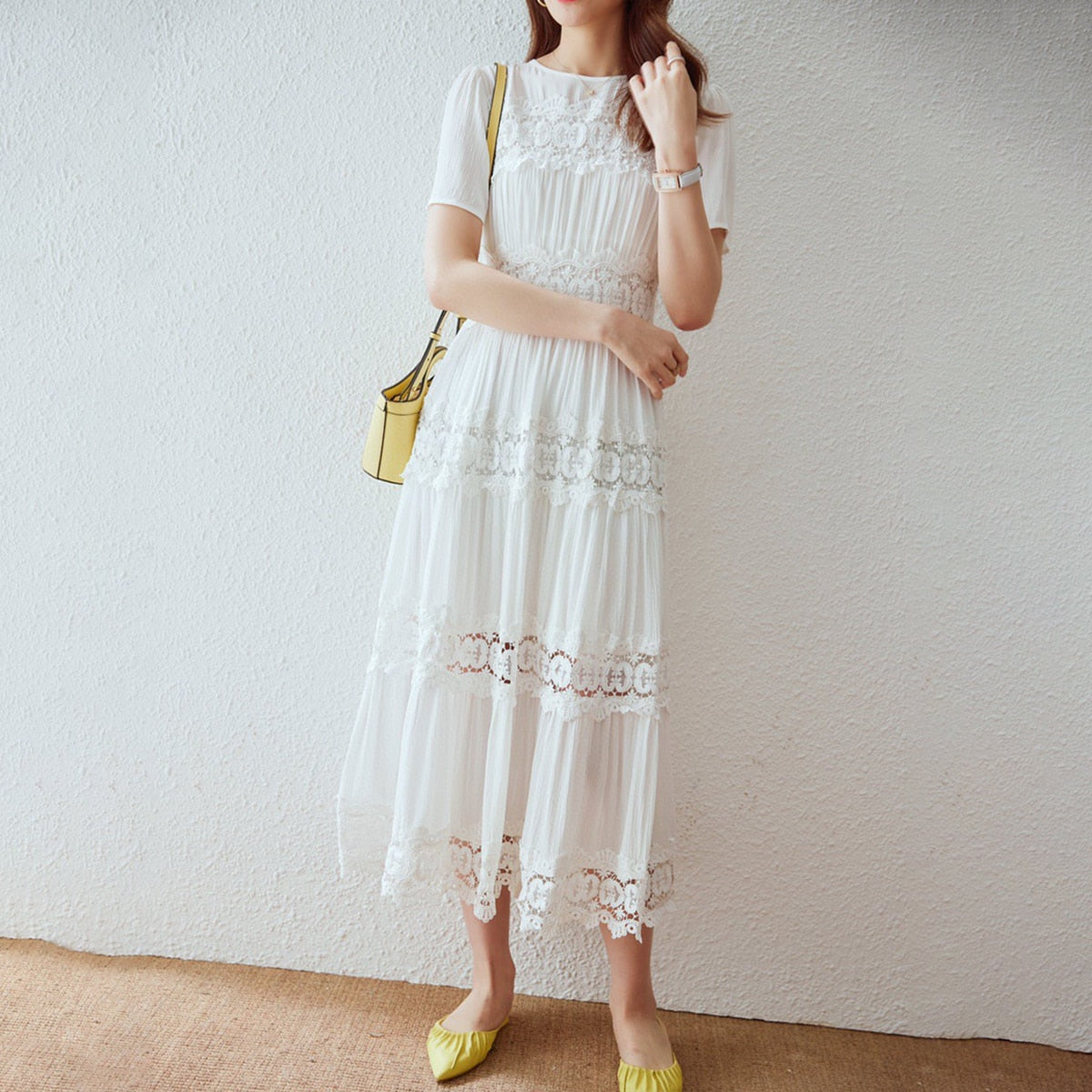 Jastie French White Dress Cotton Embroidered V-neck Elegant Ladies Dress Ruffle Hem Chic Autumn Dress Retro Luxury Brand Dress