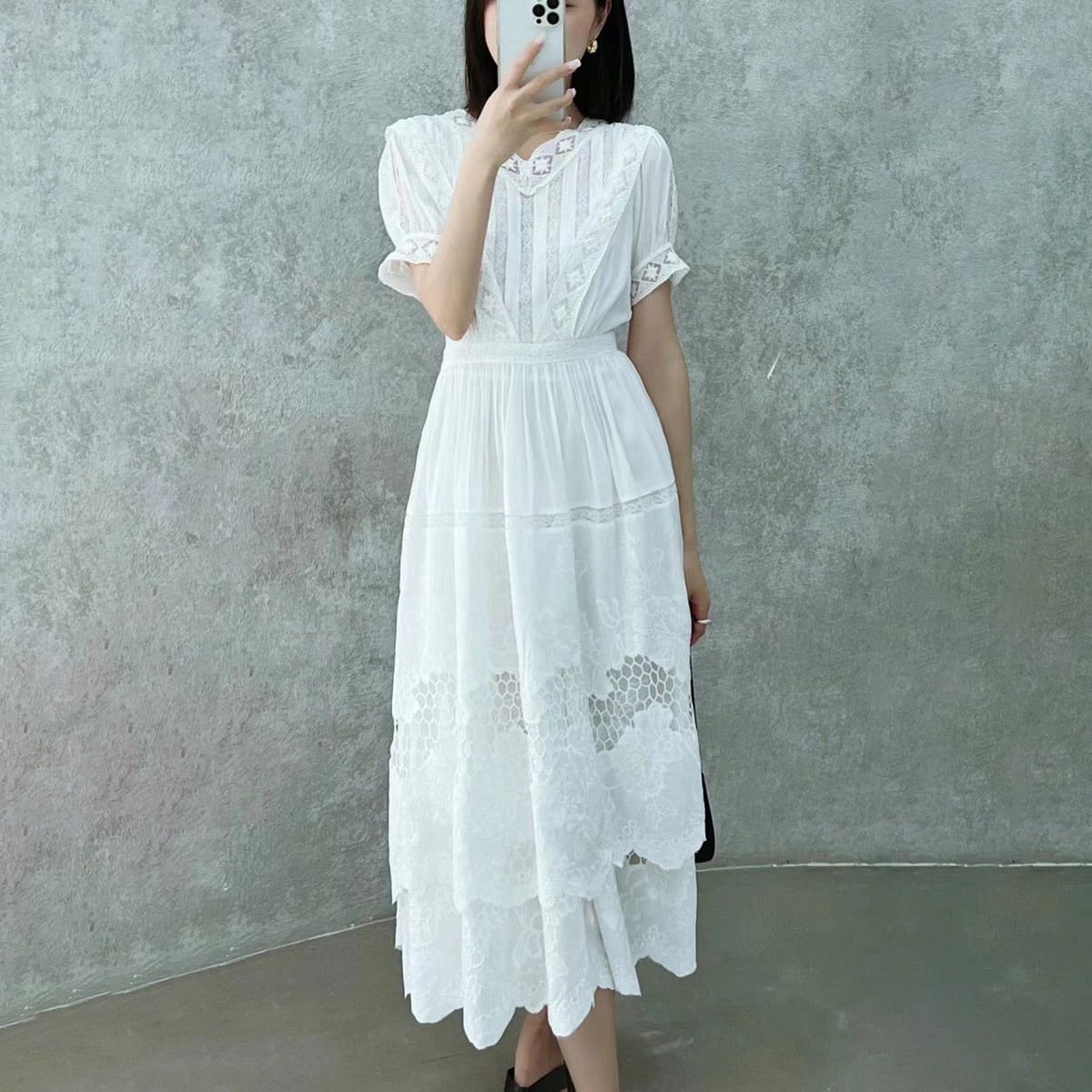 Jastie French Dress, Cotton Embroidery, V-neck, Elegant Ladies Dress, Ruffle Hem, Chic Dress, Retro Luxury Brand Dress, Empire Waistline, Regular Type, Flared Sleeve Half-Length