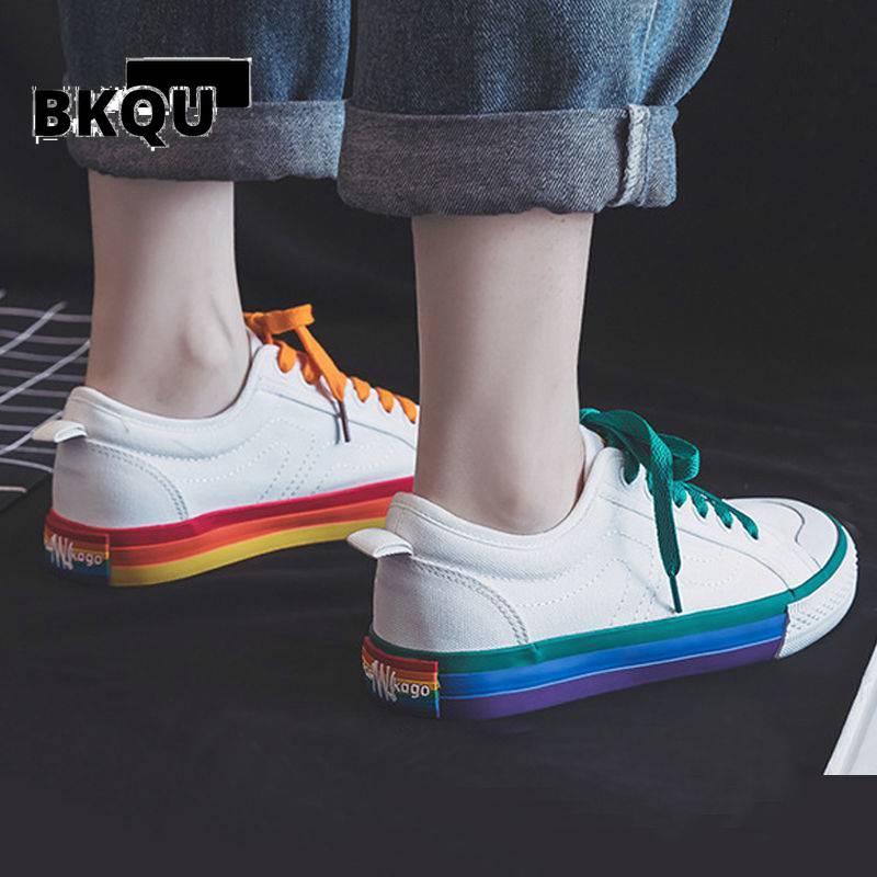 Women Vulcanized Shoes 2023 Trend Spring Canvas Sneakers Summer Rainbow Female Platform Walking Flats Casual Flat Shoe