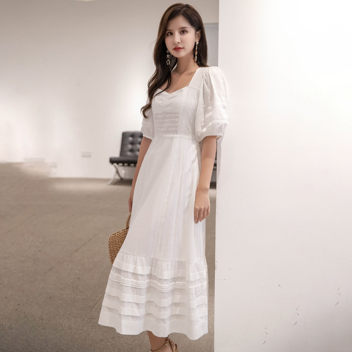 Jastie French Dress, Cotton Embroidery, V-neck, Elegant Ladies Dress, Ruffle Hem, Chic Dress, Retro Luxury Brand Dress, Empire Waistline, Regular Type, Flared Sleeve Half-Length