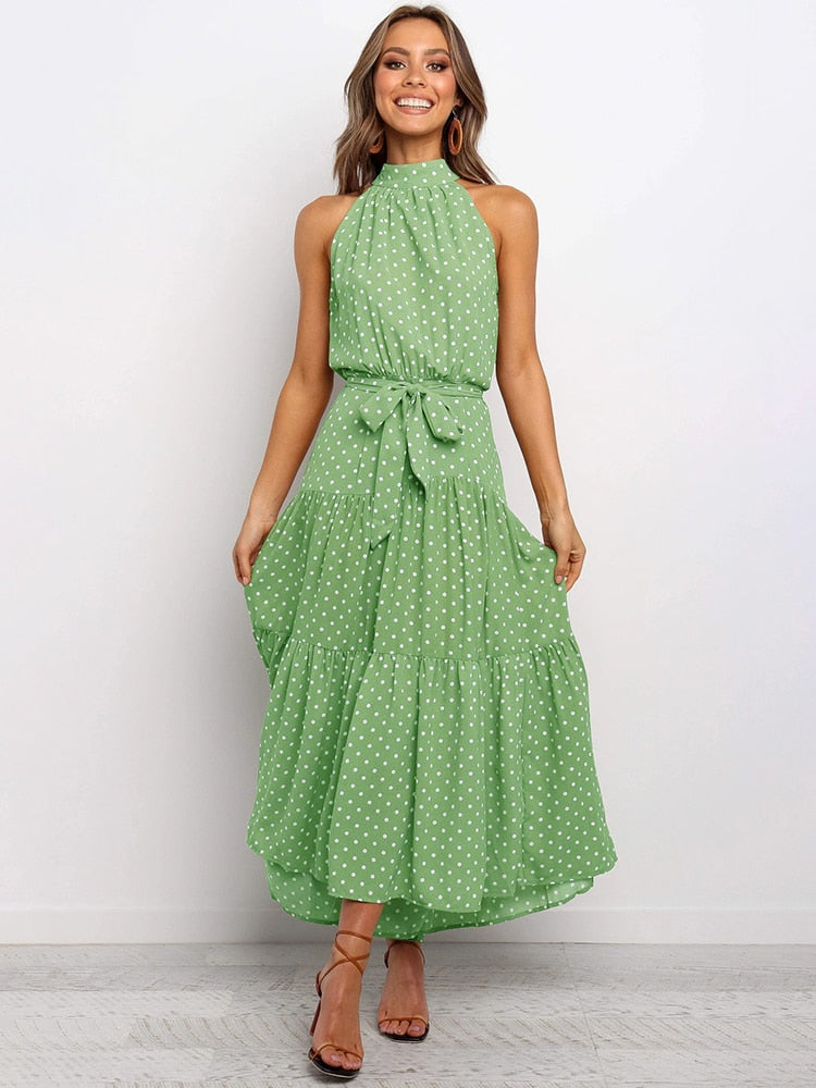 Aachoae Boho Style Dress features a fashion-forward sleeveless dress adorned with a stylish polka dot A-line pattern