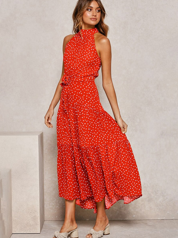 Aachoae Boho Style Dress features a fashion-forward sleeveless dress adorned with a stylish polka dot A-line pattern