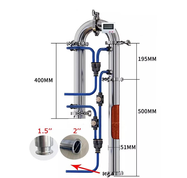 Tubular Distillation Column 2" Distilled Equipment with Copper Net Alcohol Production Home Brewed Brandy Vodka Whisky Distilling